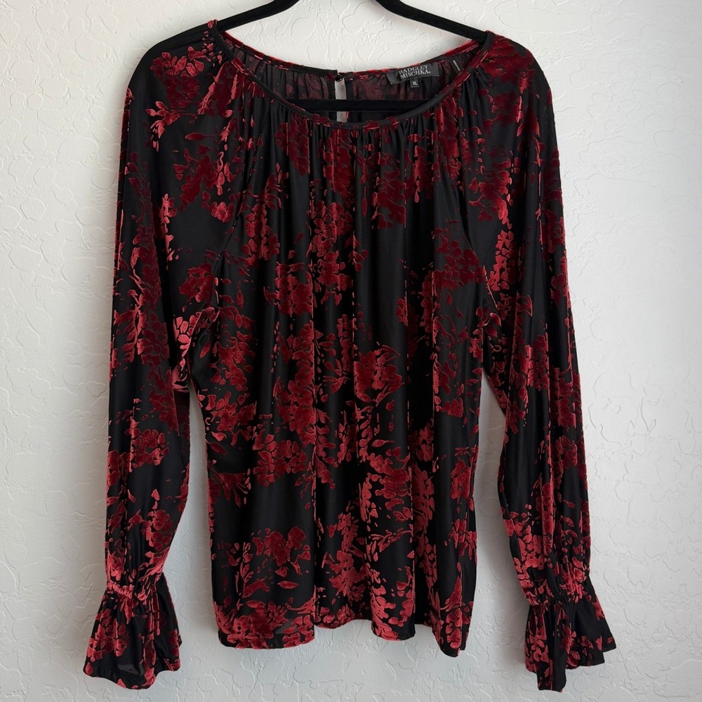 Badgley Mischka Women's Velvet Burnout Ruffle Long Sleeve Blouse Black Red XL